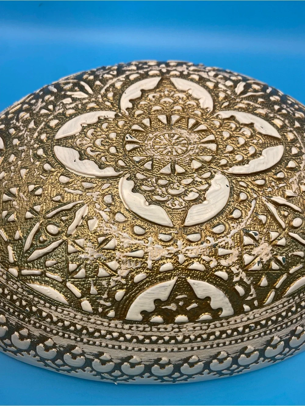 Artistic Accents Turkish Glass Oval Serving Bowl Gold Lace White Handmade 13